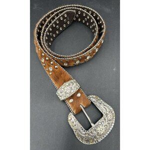 NOCONA Western Rhinestone Studded Cowgirl Hair on Hide Leather Belt N3442002 GUC